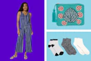 a jumpsuit, beaded bag, and socks