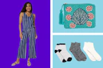 a jumpsuit, beaded bag, and socks