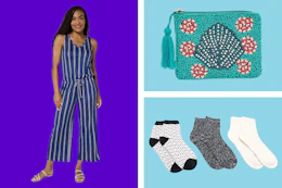 a jumpsuit, beaded bag, and socks