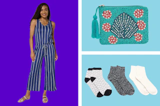 a jumpsuit, beaded bag, and socks