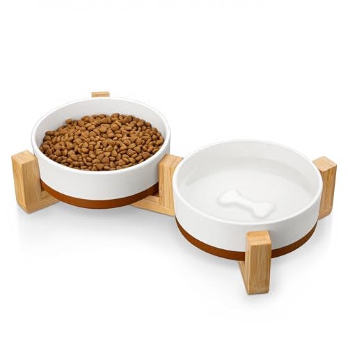 Ceramic Pet Bowls with Wood Stand