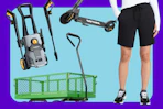 pressure washer, green wagon, women's bermuda shorts, and e-scooter