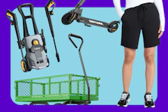 pressure washer, green wagon, women's bermuda shorts, and e-scooter