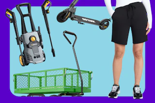 pressure washer, green wagon, women's bermuda shorts, and e-scooter