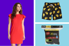 women's red dress, taco kids' swim trunks, and Hane's ankle socks