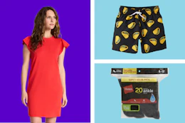 women's red dress, taco kids' swim trunks, and Hane's ankle socks