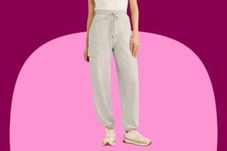 gray jogger pants on pink and maroon background