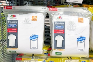fruit of the loom kids' t-shirt 5-packs sitting on a target shelf