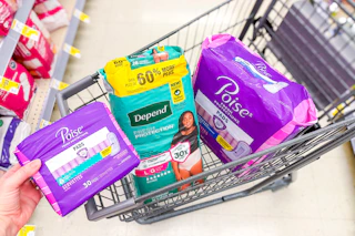 hand holding poise pads next to poise and depend products sponsored