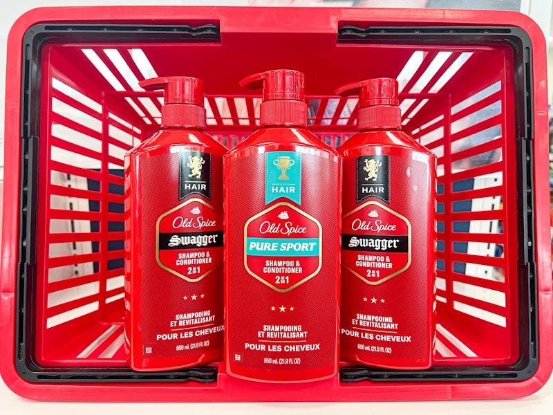 3 old spice shampoos in a red shopping basket