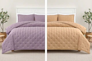 2 lifestyle image of the Mainstays Comforter Set in the colors Hazy Purple & Fatigue Tan