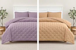 2 lifestyle image of the Mainstays Comforter Set in the colors Hazy Purple & Fatigue Tan