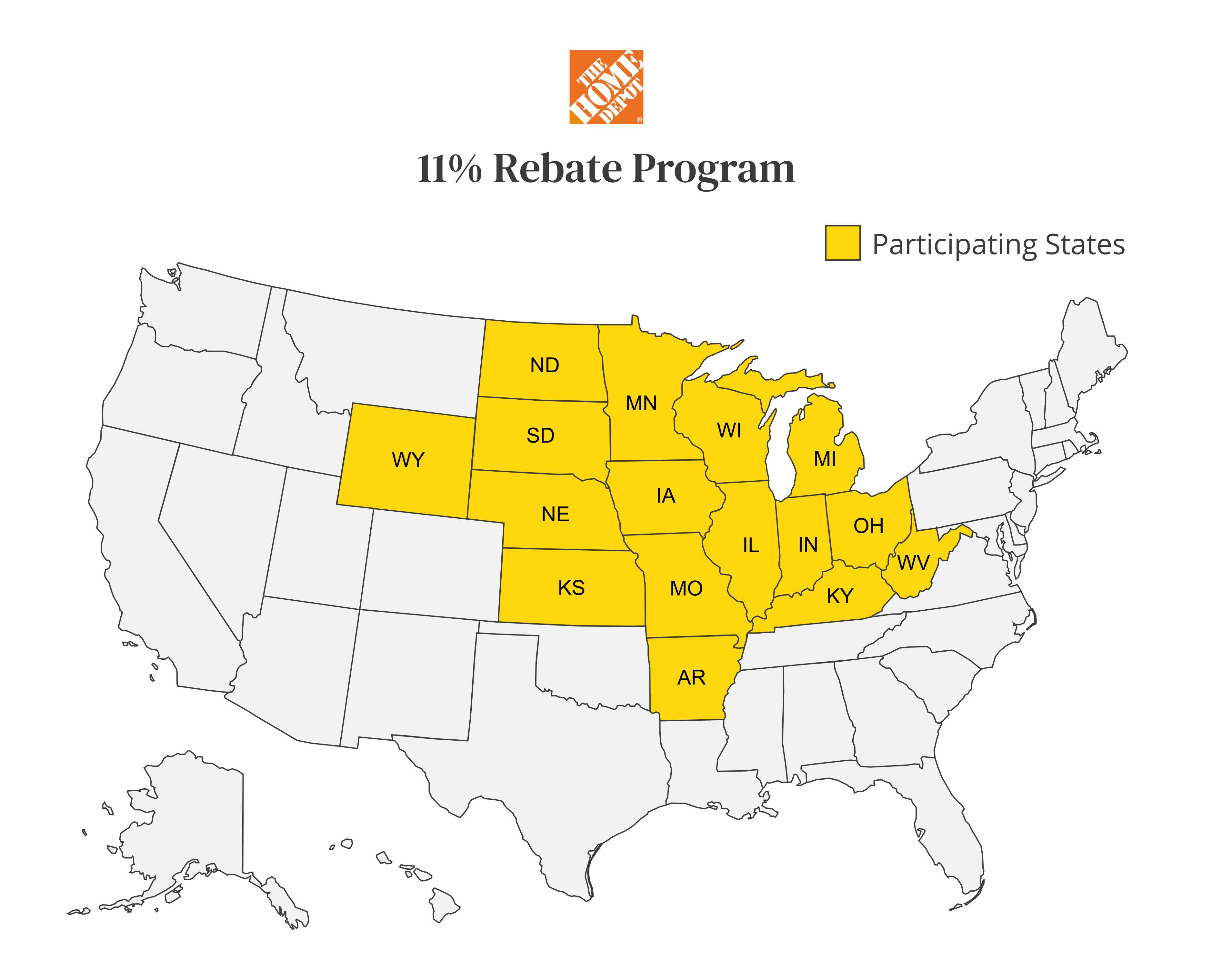 U.S. states that participate in the home depot 11% rebate program.
