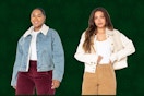 women wearing denim faux shearling jackets on a green background
