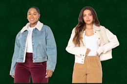 women wearing denim faux shearling jackets on a green background