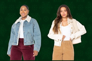 women wearing denim faux shearling jackets on a green background
