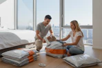 a man and woman putting vacuum storage items away