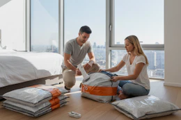 a man and woman putting vacuum storage items away