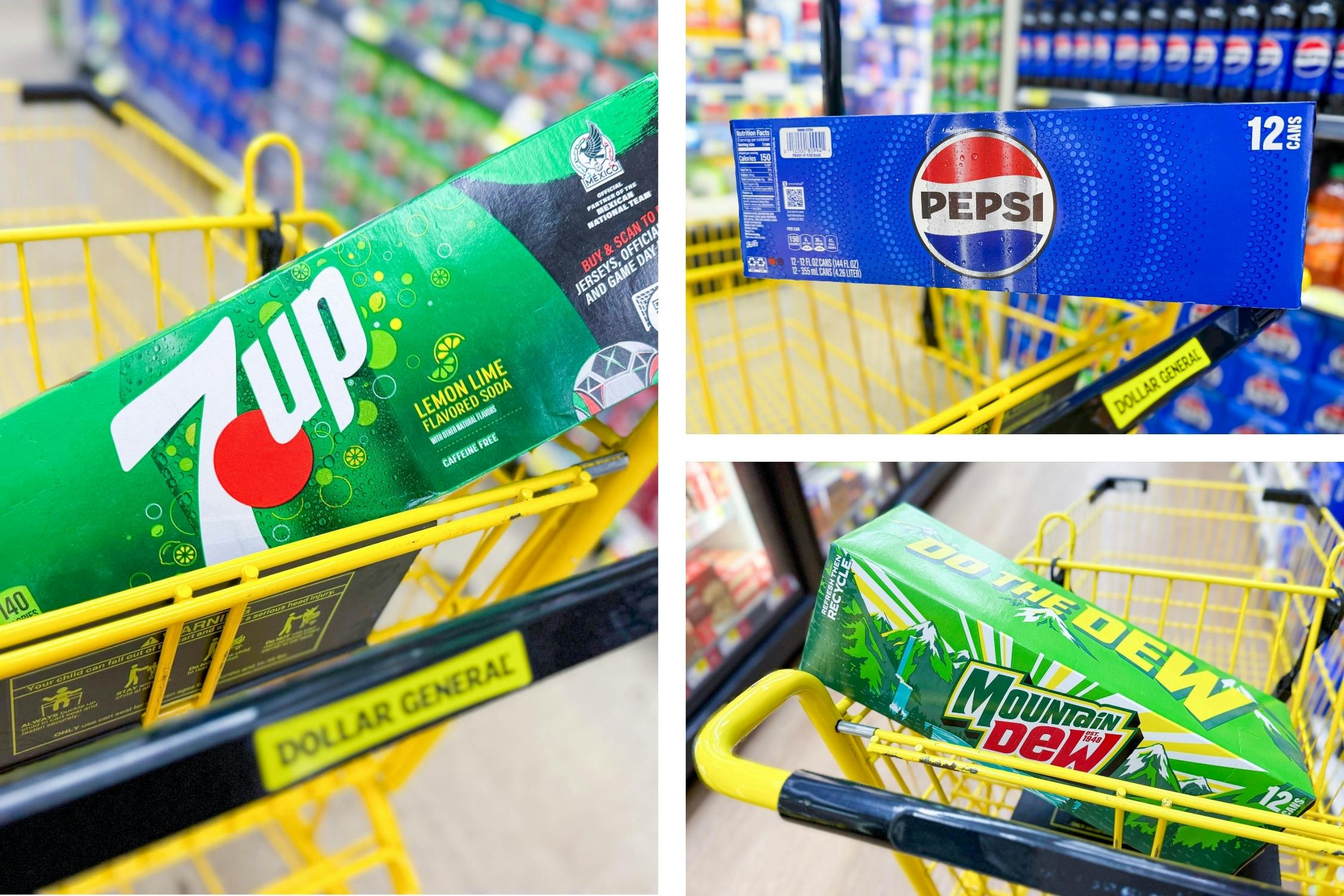 dollar general pepsi, mountain dew, 7up 3-photo collage