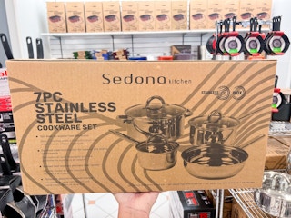 macys sedona 7piece cookware set being held in store