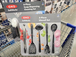 oxo utensil set in a cart with a dish soap dispensing set
