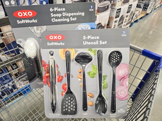 oxo utensil set in a cart with a dish soap dispensing set