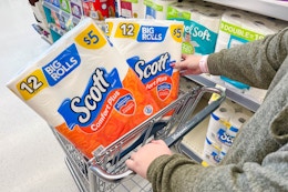 person pushing shopping cart with scott toilet paper
