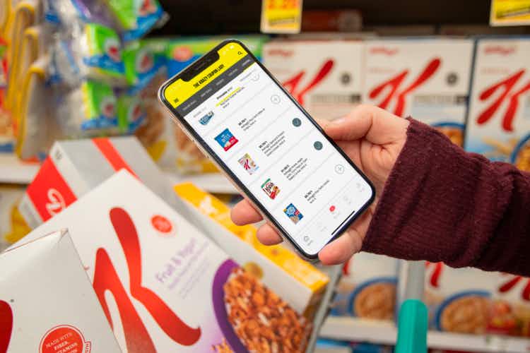 KCL app showing printable coupons in store with a basket filled with special k cereal.