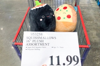 costco 16 inch sushi and pepperoni pizza squishmallows in a cart with sale sign handheld