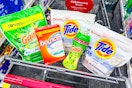 gain, tide, and bounce laundry products in a cart