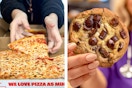 two images of person grabbing a pizza and a chocolate chip cookie