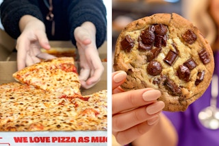 two images of person grabbing a pizza and a chocolate chip cookie