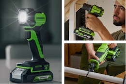 Greenworks flash light, drill, and saw