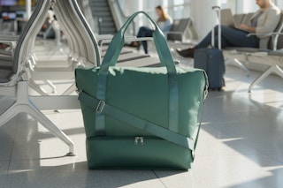 olive green duffel bag in an airport setting