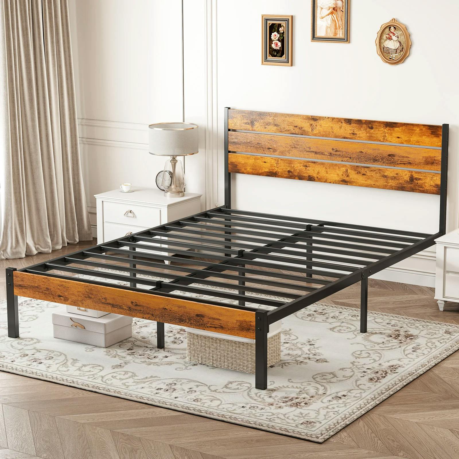 Wooden Headboard and Metal Bed Frame