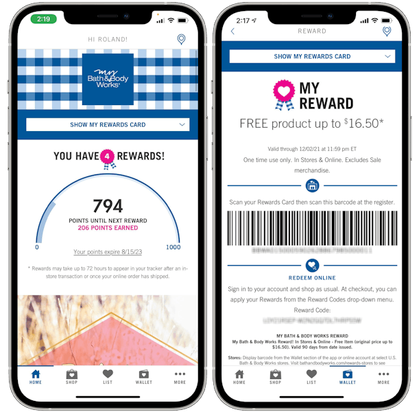 Two app screens display a persons Bath & Body Works reward balance and a coupon on their My rewards account.