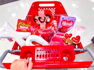 valentine's day clearance items sitting in a target cart