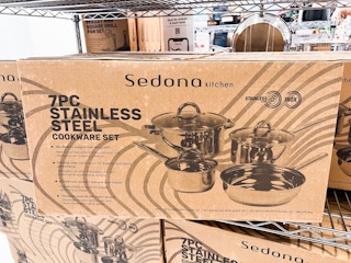macys 7piece sedona cookware set on shelf in store