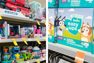 collage with toy aisle and diaper box on a shelf