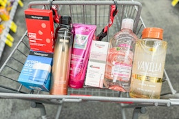 neutrogena, tresemme, loreal, eucerin, garnier, and tree hut products in a cart