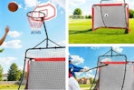 3 lifestyle images of the all-in-one sports set for basketball, soccer and baseball