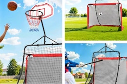 3 lifestyle images of the all-in-one sports set for basketball, soccer and baseball