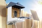 a smart bird feeder on a fence