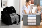 black fold out chair and moving storage bags