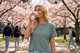 a woman wearing a shirt and jeans in a quad