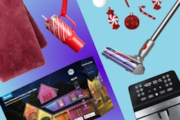 maroon blanket, red and white stanley ornament, dyson vacuum, gourmis air fryer, ornaments, govee lights