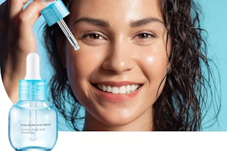 A woman holds a dropper to her face. A bottle of hyaluronic acid serum is in front of her.