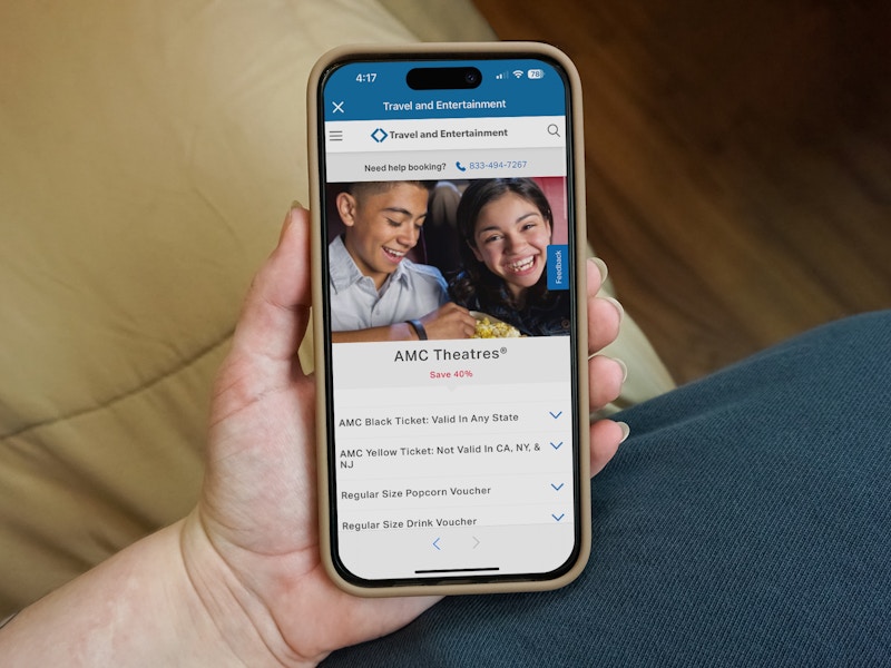 someone looking up movie ticket deals on the Sam's Club Travel and Entertainment page on the app