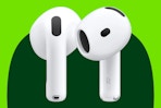Apple AirPods 4 on a Green background.