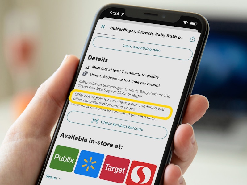 A close up on an offer in the ibotta app displayed on a cellphone with a yellow box around text that reads, "Offer not eligible for ...